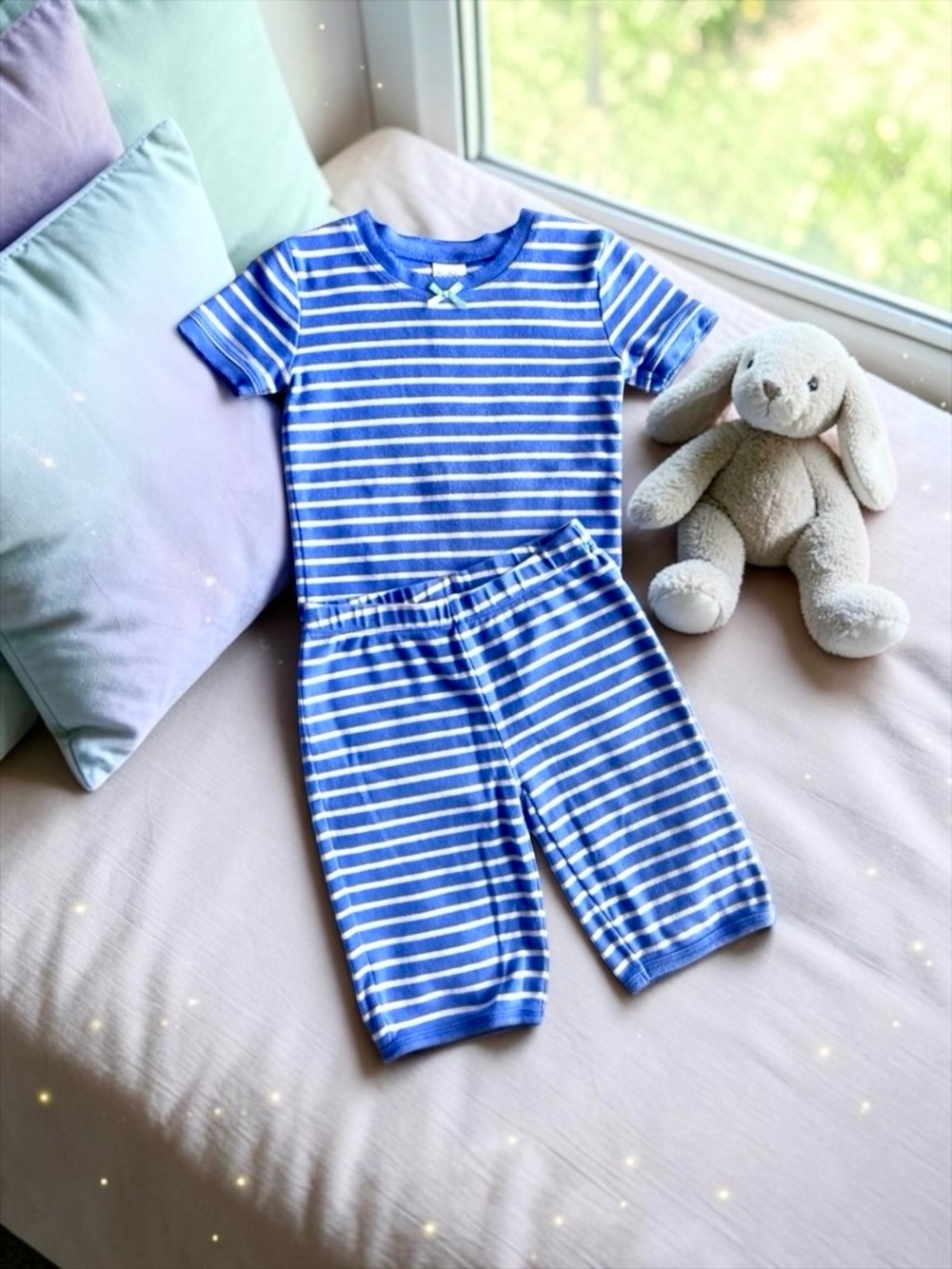 Mini Boden Girls Pajamas 🌙 Striped Short‑Sleeve + Shorts Blue Size 5Y